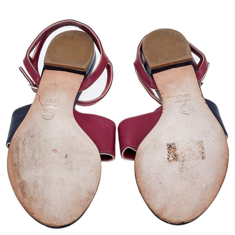 Pre Owned Chanel Burgundy/Black Leather CC T-Strap Sandals Size 39.5