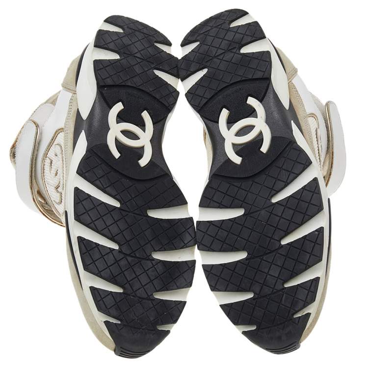 Pre Owned Chanel White/Beige CC High Top Sneakers Size 38
