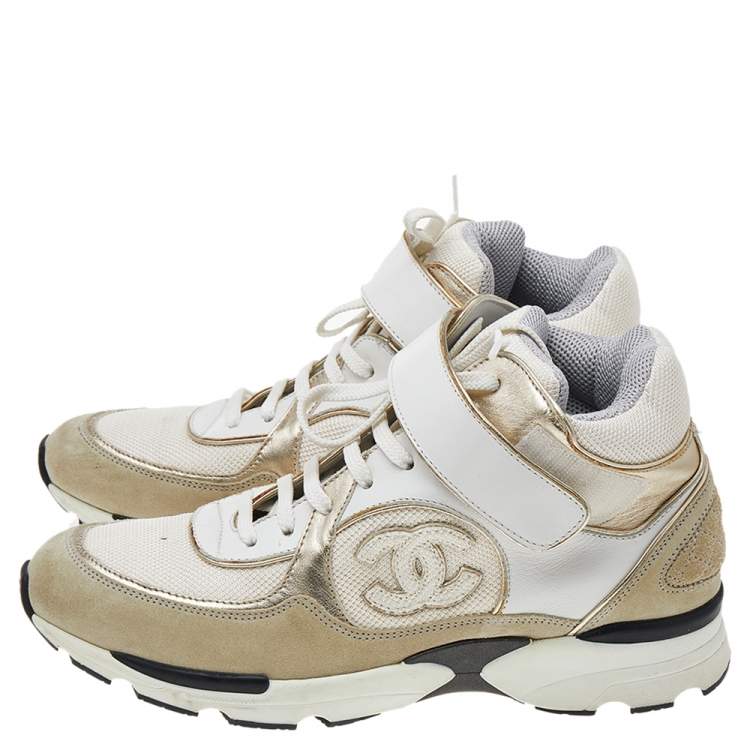 Pre Owned Chanel White/Beige CC High Top Sneakers Size 38