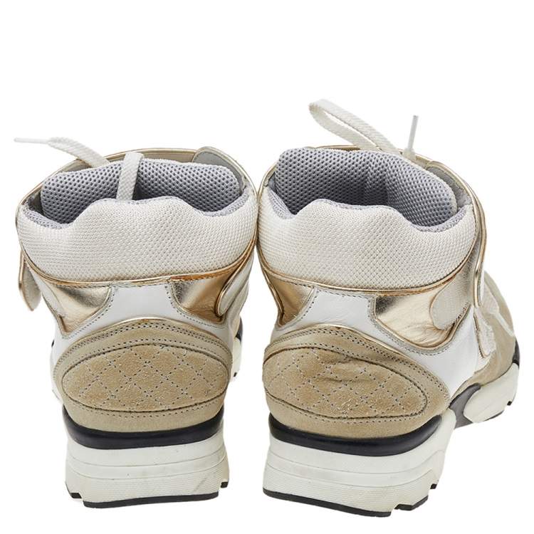 Pre Owned Chanel White/Beige CC High Top Sneakers Size 38
