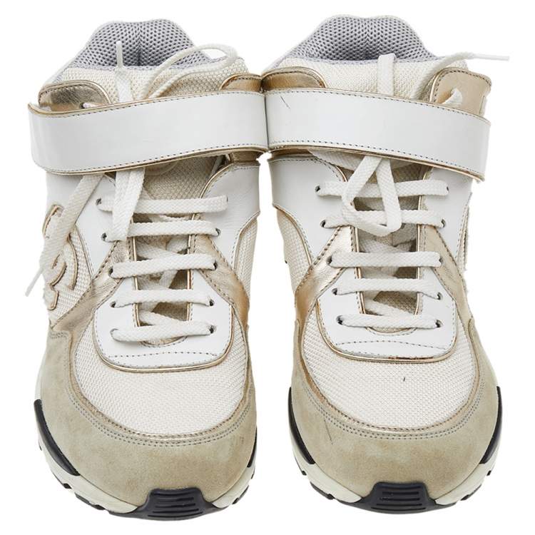 Pre Owned Chanel White/Beige CC High Top Sneakers Size 38