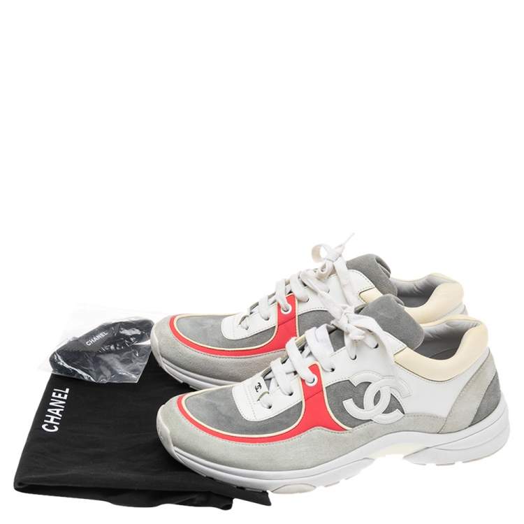 Pre Owned Chanel White/Grey Suede And Leather CC Logo Low Top Sneakers Size 39.5