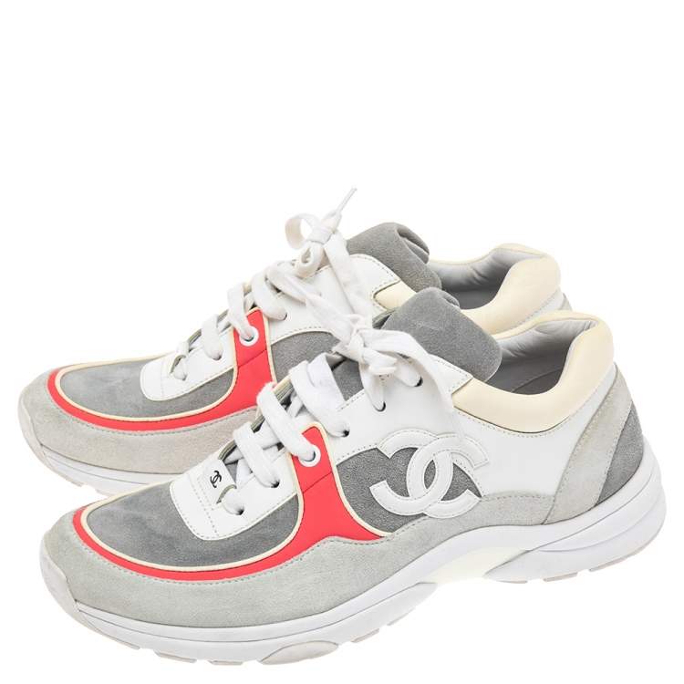 Pre Owned Chanel White/Grey Suede And Leather CC Logo Low Top Sneakers Size 39.5