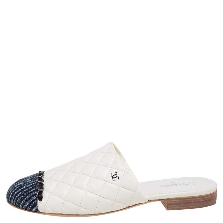 Chanel White//Black Quilted Leather And Grosgrain Fabric Mules