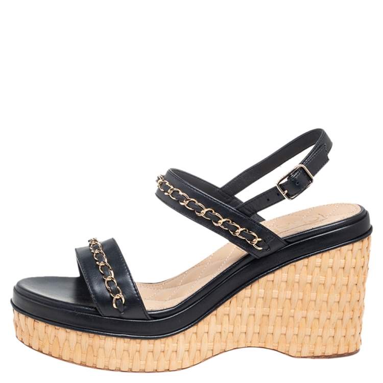 Chanel Black Leather Wedge Platform Slide Sandals Size 39