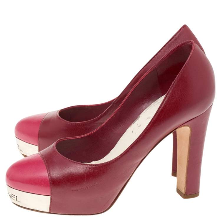 Pre Owned Chanel Red/Pink Leather CC Cap Toe Block Heel Platform Pumps Size 35.5