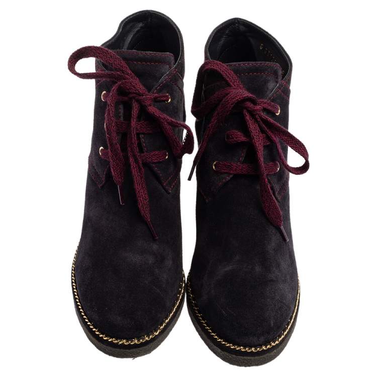 Pre Owned Chanel Navy Blue Suede Chain Wedge Boots Size 38 