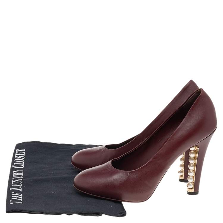 Pre Owned Chanel Brown Leather CC Pearl Embellished Heel Pumps Size 38