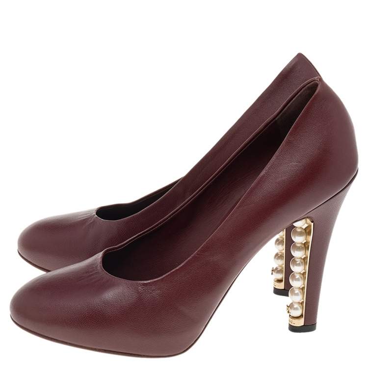 Pre Owned Chanel Brown Leather CC Pearl Embellished Heel Pumps Size 38