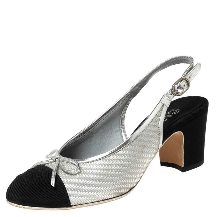 Chanel Silver/Black Woven PVC And Leather Bow Slingback Block Heel Sandals  Size 36 Chanel | The Luxury Closet