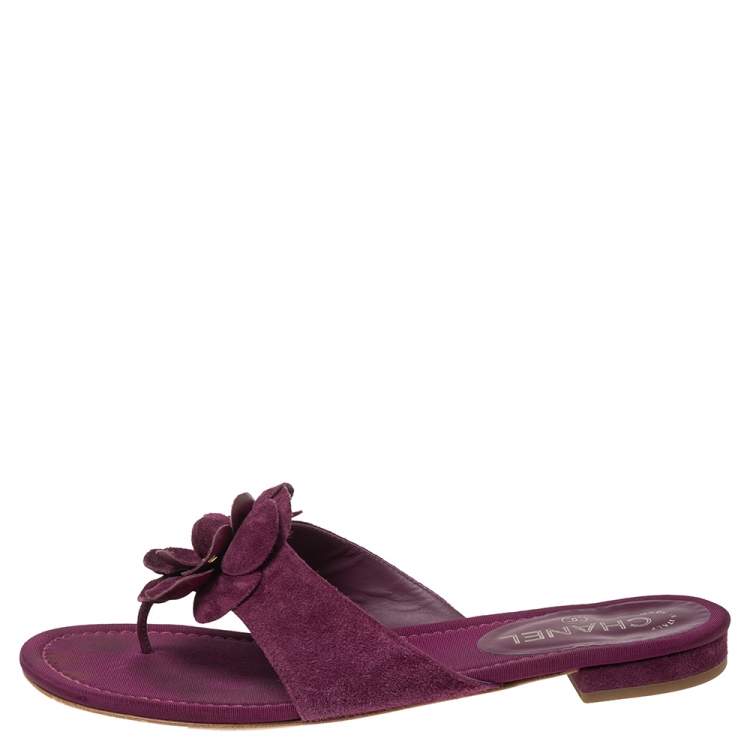 Chanel Purple Suede Camellia Embellished CC Flat Slides Size 40