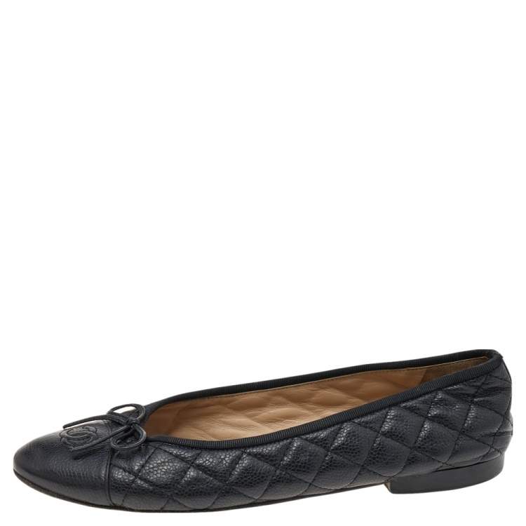 Chanel Black Quilted Leather CC Cap Toe Bow Ballet Flats Size 39.5 Chanel