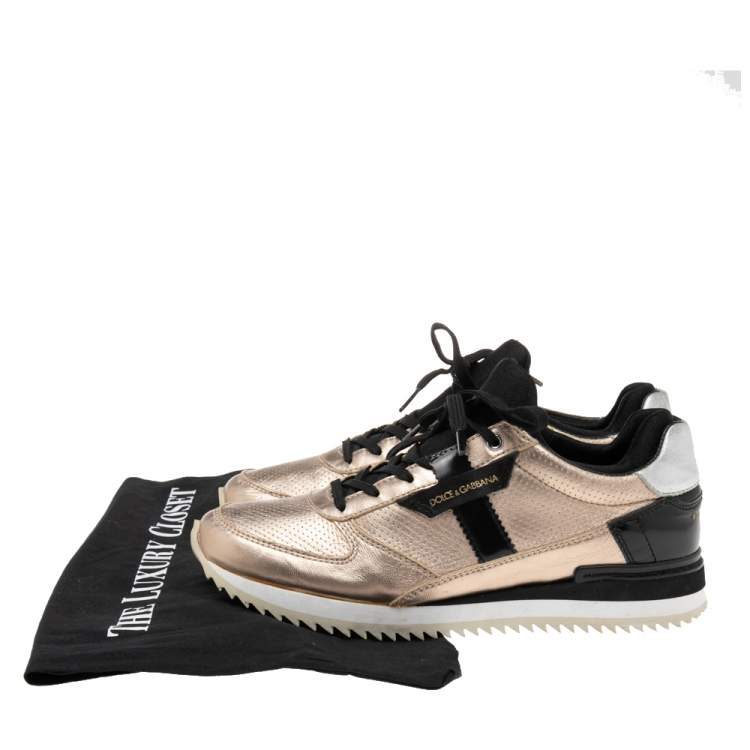 Pre Owned Dolce & Gabbana  Black/Gold Leather and Fabric Lace Up Sneakers Size 36