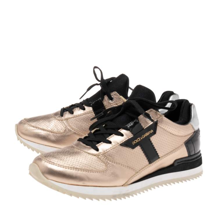 Pre Owned Dolce & Gabbana  Black/Gold Leather and Fabric Lace Up Sneakers Size 36