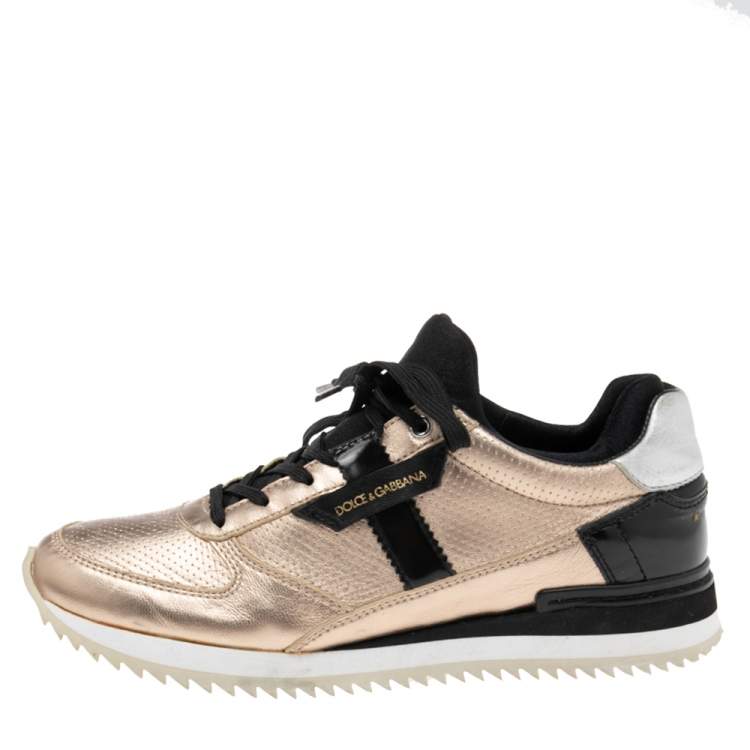 Pre Owned Dolce & Gabbana  Black/Gold Leather and Fabric Lace Up Sneakers Size 36