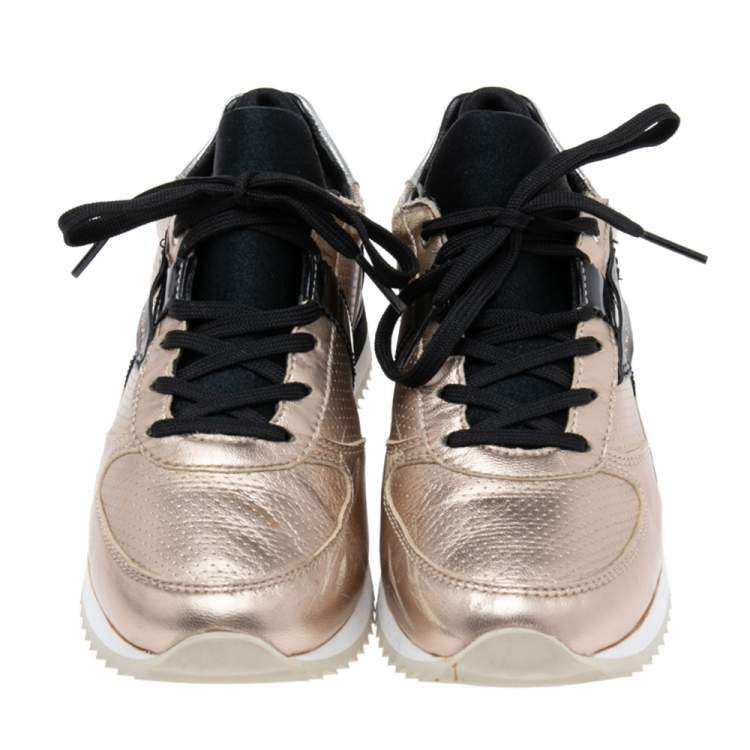 Pre Owned Dolce & Gabbana  Black/Gold Leather and Fabric Lace Up Sneakers Size 36