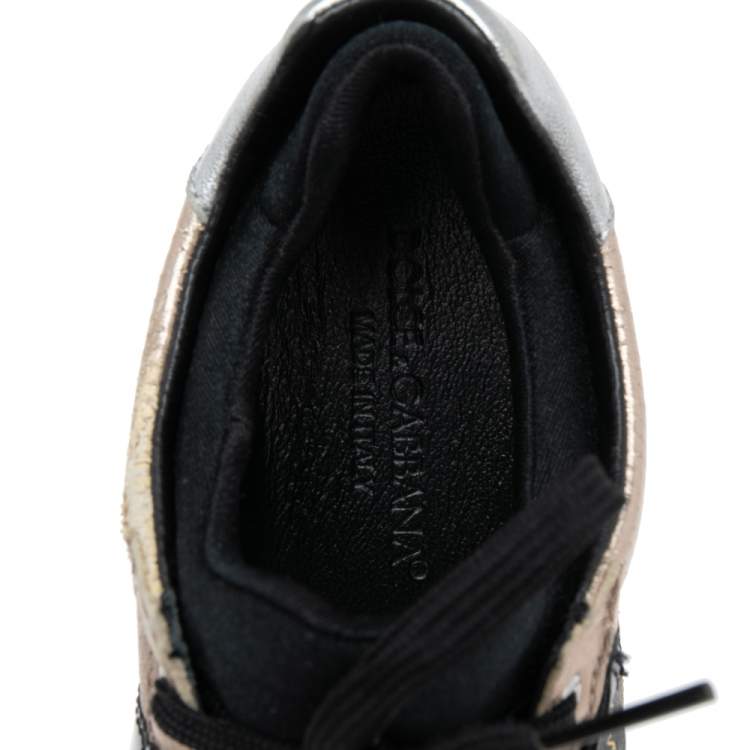 Pre Owned Dolce & Gabbana  Black/Gold Leather and Fabric Lace Up Sneakers Size 36
