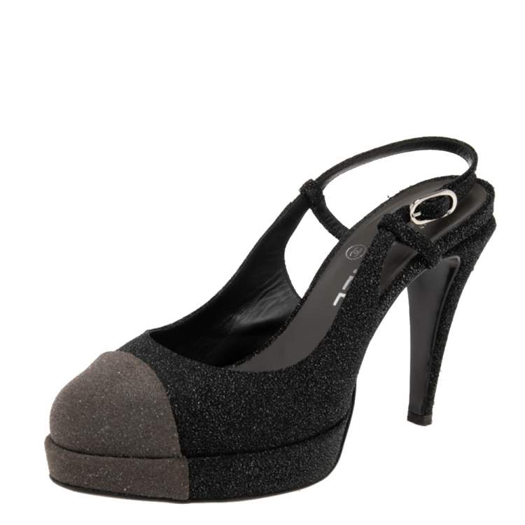Chanel Black/Grey Glitter Cap Toe Slingback Platform Sandals Size 38 Chanel | TLC Chanel Black/Grey Glitter Cap Toe Slingback Platform Sandals Size 38 Chanel | TLC