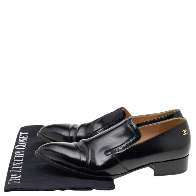Pre Owned Chanel Black Patent Leather CC Loafers Size 38.5