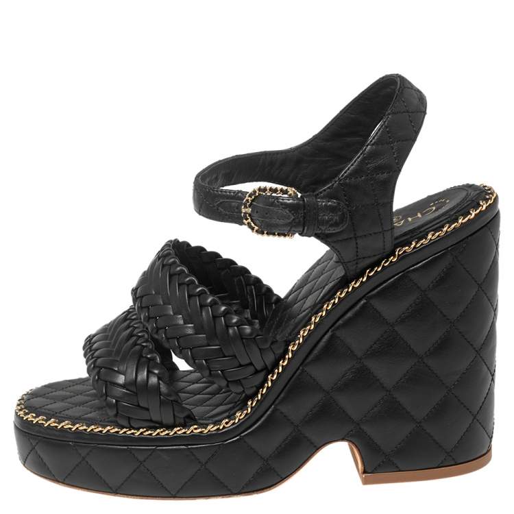 Chanel Black Quilted and Braided Leather Straps Wedge Platform Sandals Size  38.5 Chanel