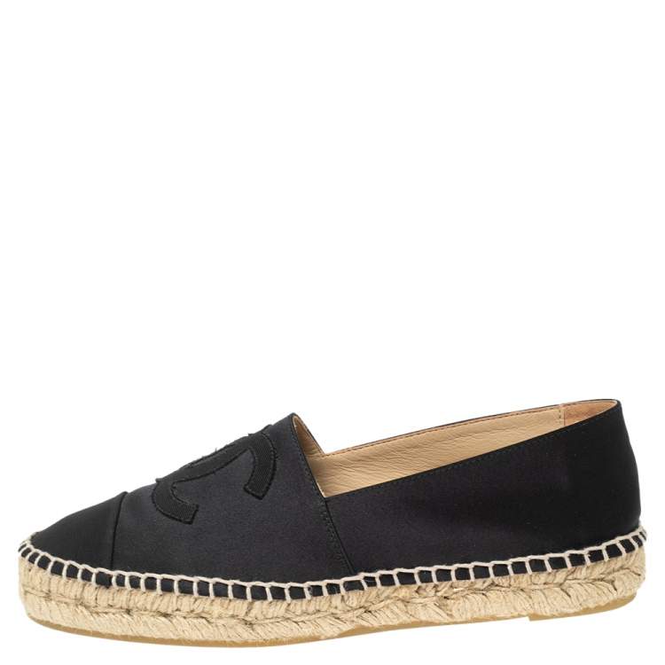 Chanel Black Satin and Fabric CC Flat Espadrilles Size 38 Chanel
