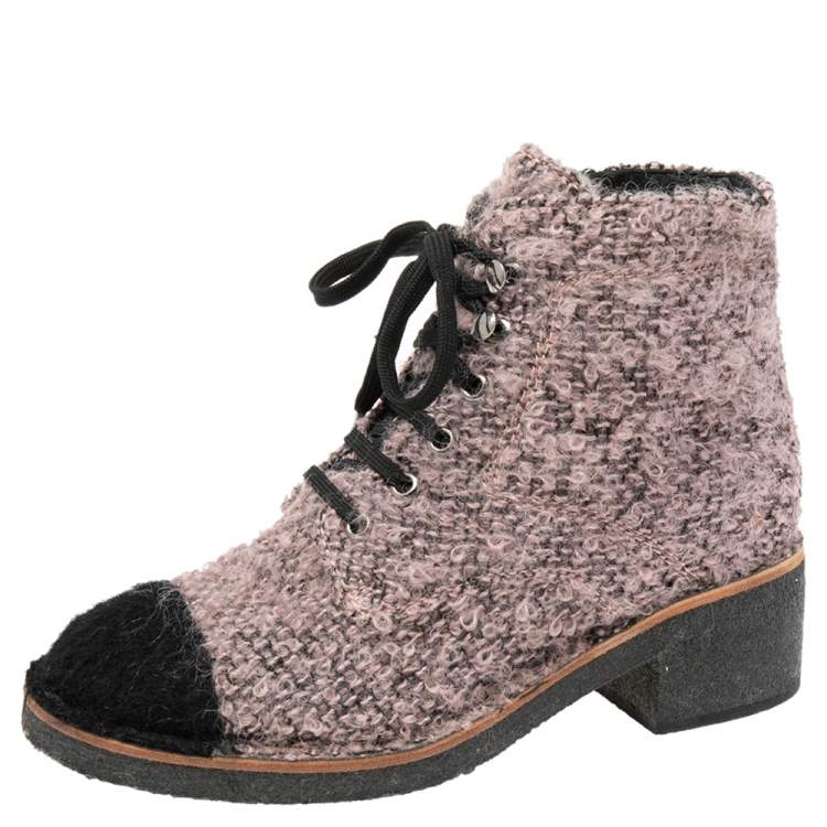 Chanel Pink/Black Tweed Fabric Fantasy Lace-Up Ankle Boots Size 38 Chanel |  TLC