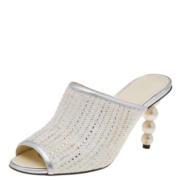 Chanel White/Silver Tweed And Leather CC Pearl Heel Slide Sandals Size 38  Chanel | The Luxury Closet