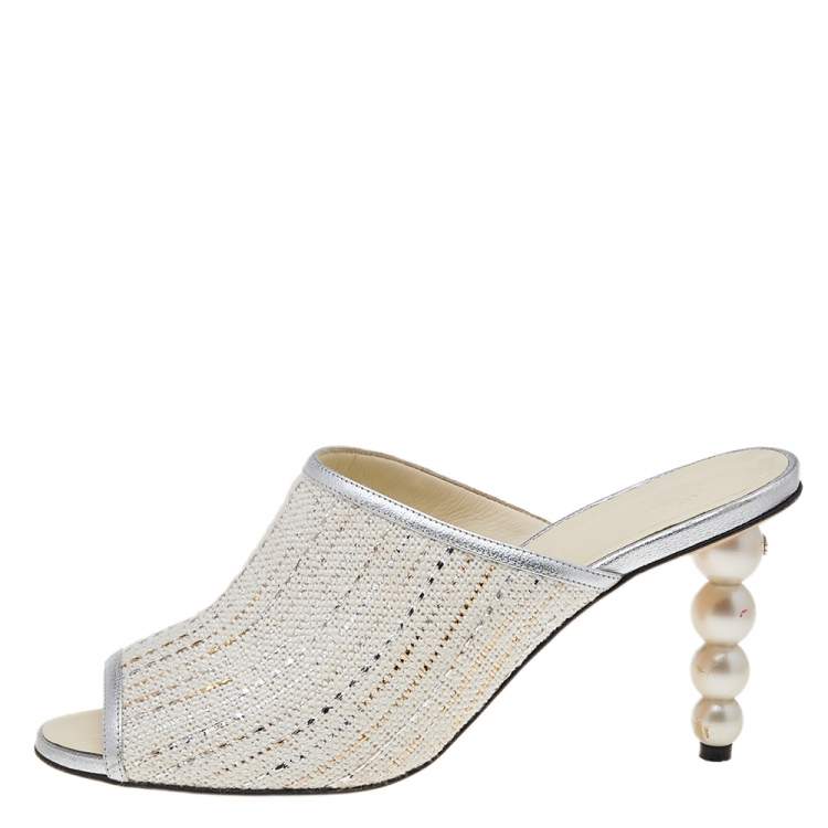 Chanel White/Silver Tweed And Leather CC Pearl Heel Slide Sandals