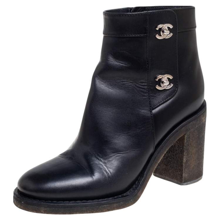 Chanel Black Leather CC Turnlock Ankle Boots Size 38 Chanel | TLC