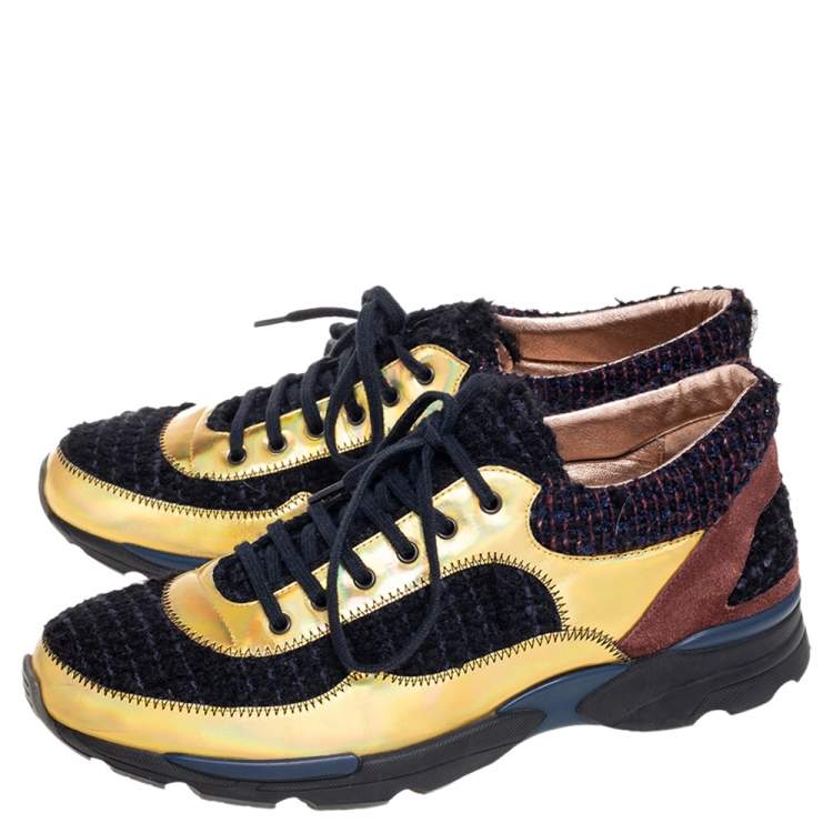 Pre Owned Chanel Multicolor Tweed, Iridescent Leather and Suede CC Low-Top Sneakers Size 40