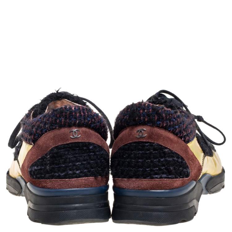 Pre Owned Chanel Multicolor Tweed, Iridescent Leather and Suede CC Low-Top Sneakers Size 40