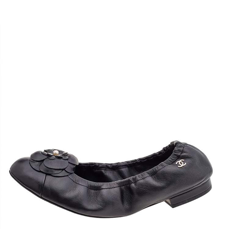 Chanel Black Leather Camellia Ballet Flats Size 36 Chanel