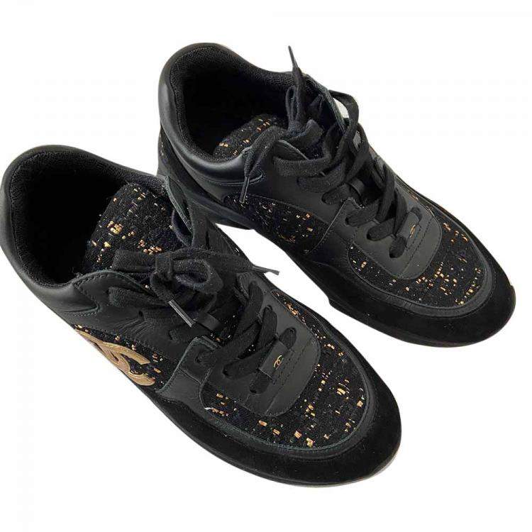 Pre Owned Chanel Black Leather Suede Interlocking CC Logo Sneakers EU 37.5
