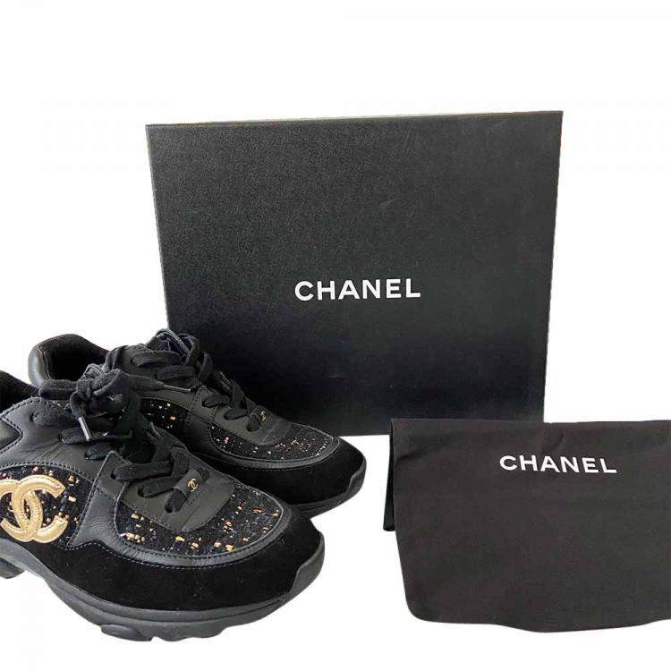 Pre Owned Chanel Black Leather Suede Interlocking CC Logo Sneakers EU 37.5