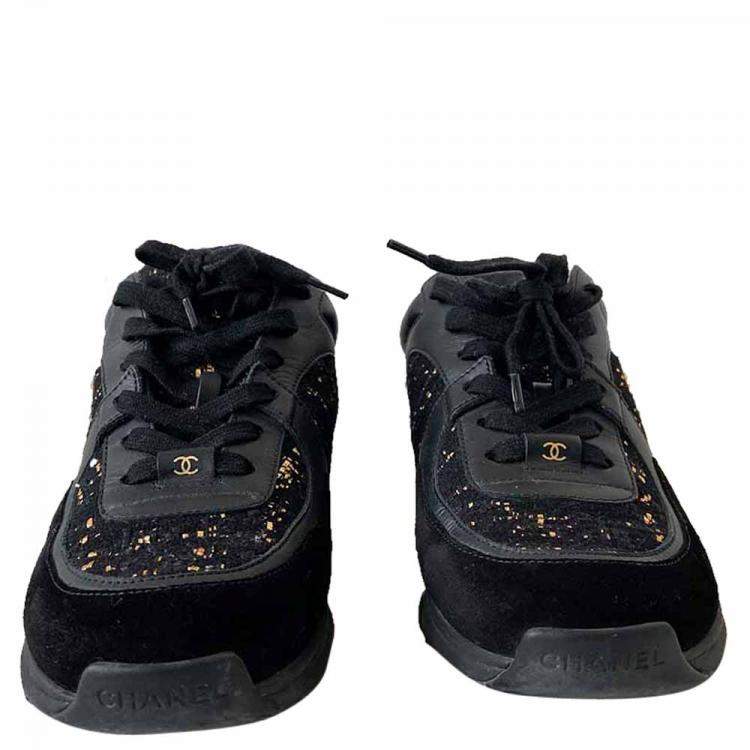 Pre Owned Chanel Black Leather Suede Interlocking CC Logo Sneakers EU 37.5