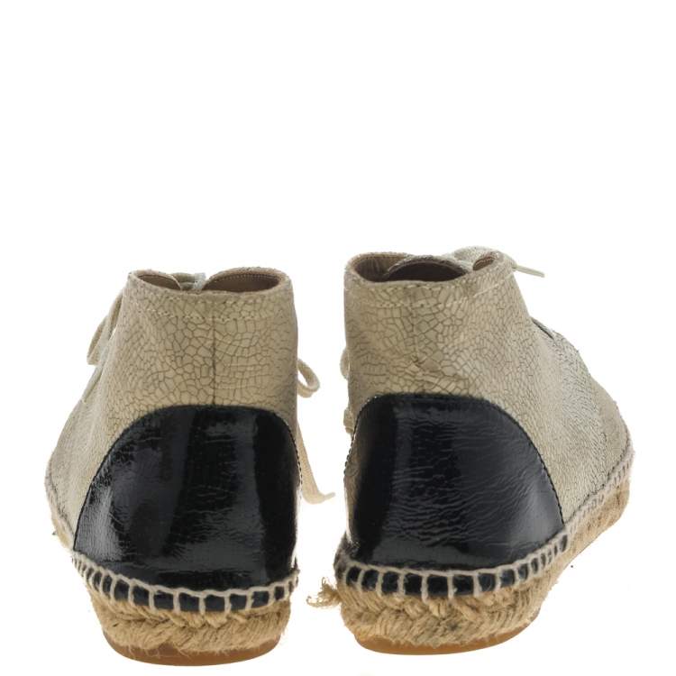 Pre Owned Chanel Beige/Black Patent And Leather Cap Toe Espadrille High Top Sneakers Size 39