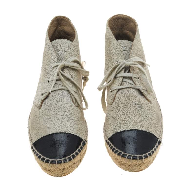 Pre Owned Chanel Beige/Black Patent And Leather Cap Toe Espadrille High Top Sneakers Size 39