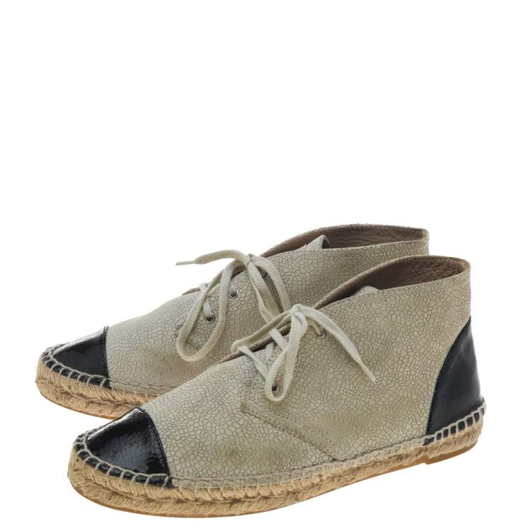Pre Owned Chanel Beige/Black Patent And Leather Cap Toe Espadrille High Top Sneakers Size 39