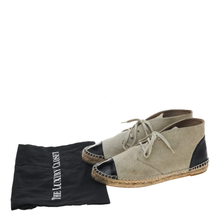 Pre Owned Chanel Beige/Black Patent And Leather Cap Toe Espadrille High Top Sneakers Size 39
