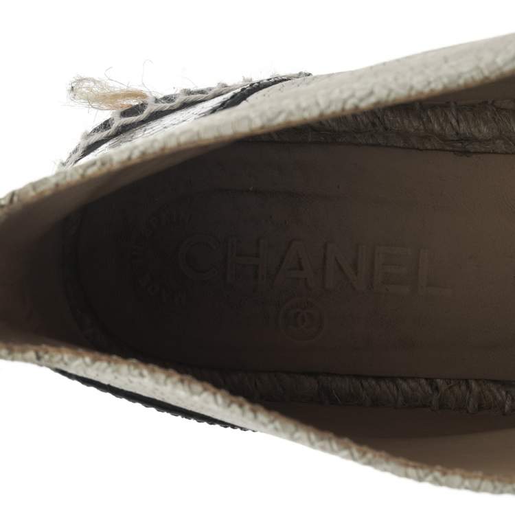 Pre Owned Chanel Beige/Black Patent And Leather Cap Toe Espadrille High Top Sneakers Size 39