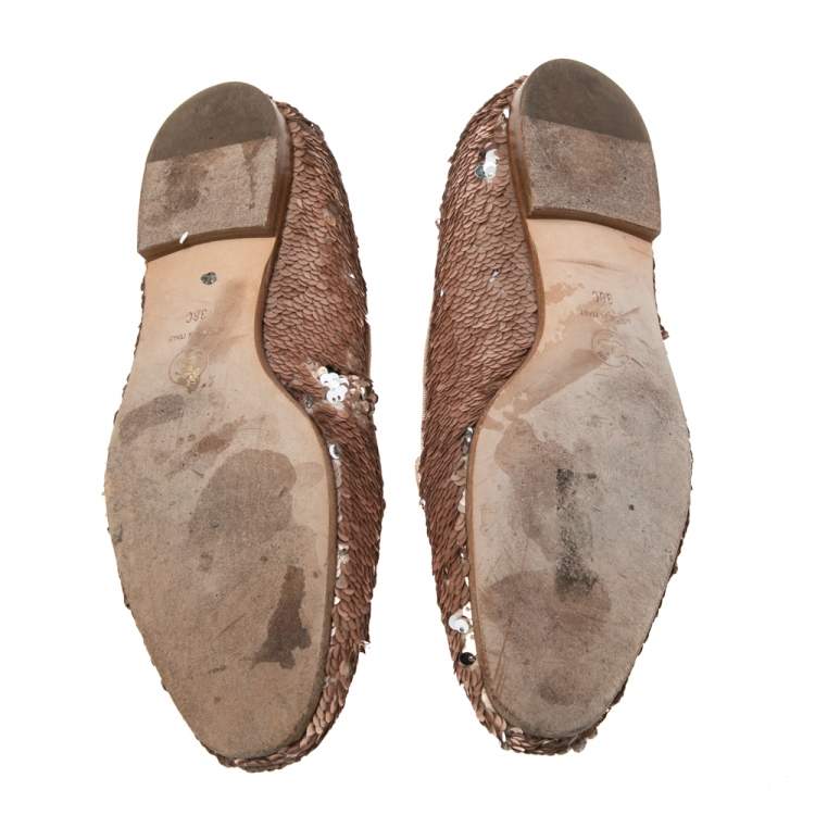 Pre Owned Chanel Pink Sequins CC Smoking Slippers Size 38
