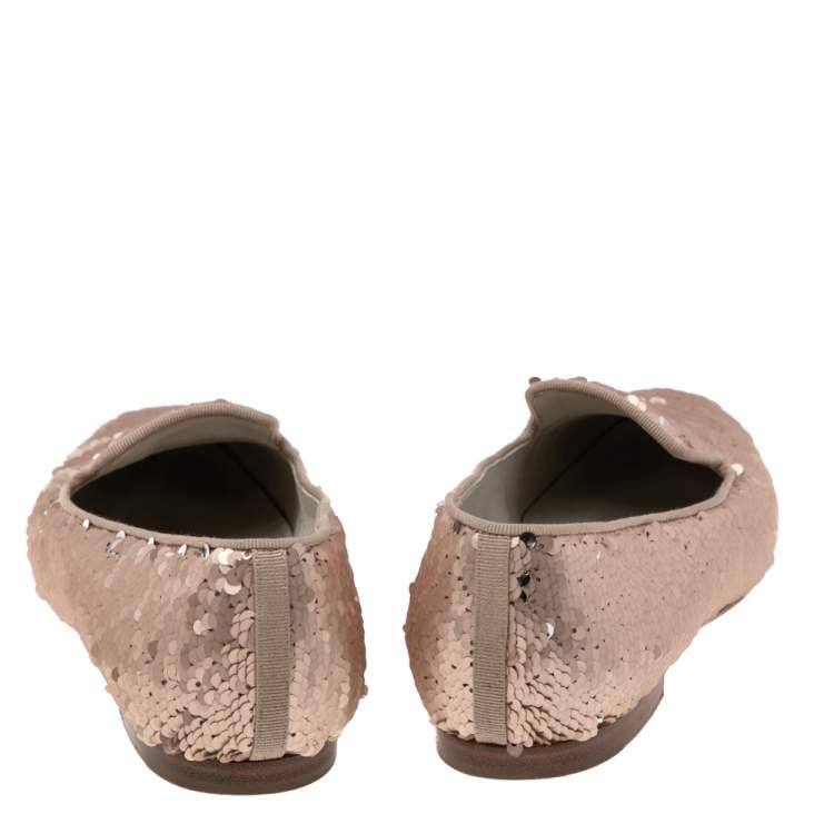 Pre Owned Chanel Pink Sequins CC Smoking Slippers Size 38