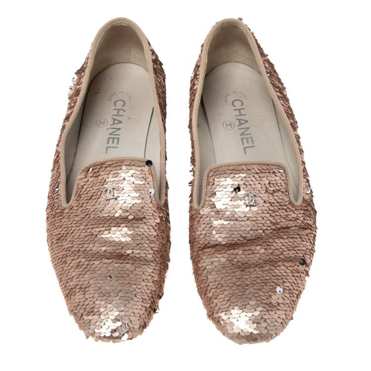 Pre Owned Chanel Pink Sequins CC Smoking Slippers Size 38