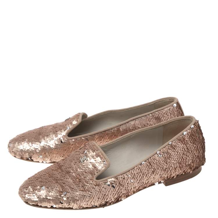Pre Owned Chanel Pink Sequins CC Smoking Slippers Size 38