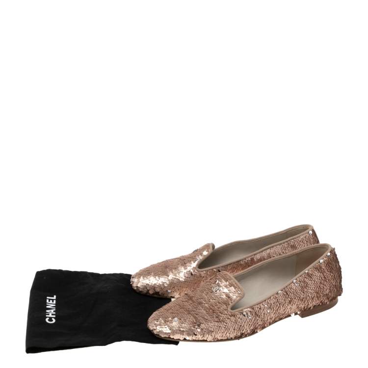Pre Owned Chanel Pink Sequins CC Smoking Slippers Size 38