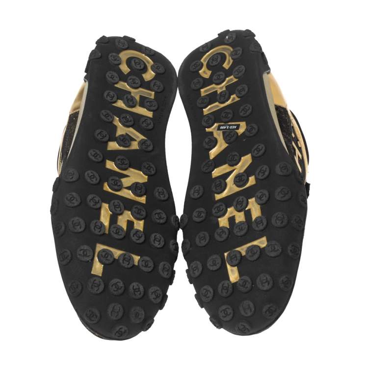 Pre Owned Chanel Black/Gold Nylon, Leather and Glitter Suede CC Low-Top Sneakers Size 37.5