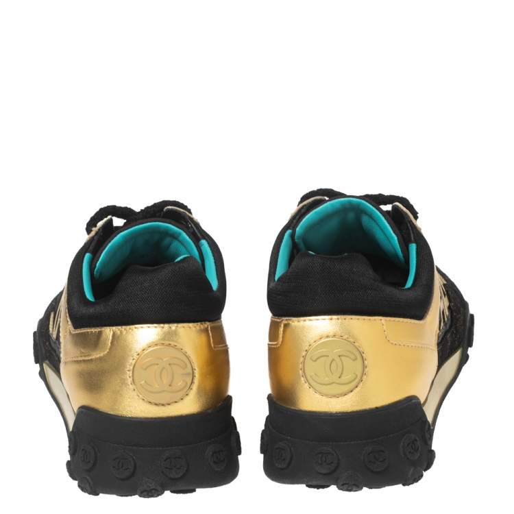 Pre Owned Chanel Black/Gold Nylon, Leather and Glitter Suede CC Low-Top Sneakers Size 37.5