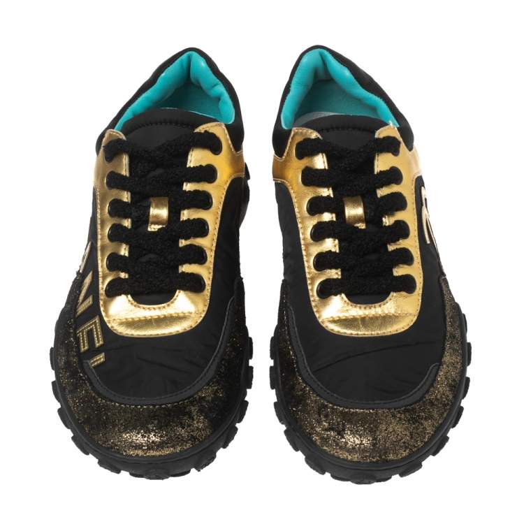 Pre Owned Chanel Black/Gold Nylon, Leather and Glitter Suede CC Low-Top Sneakers Size 37.5