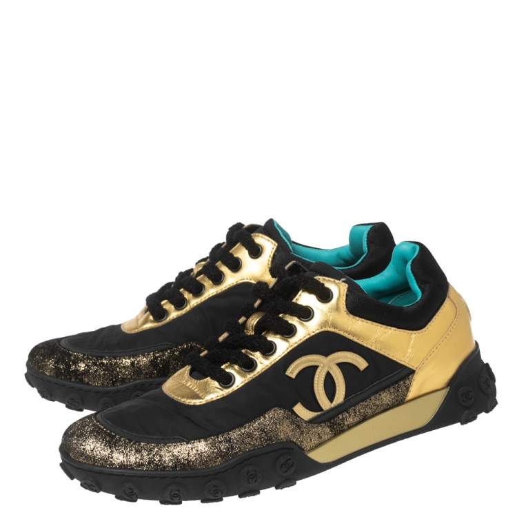 Pre Owned Chanel Black/Gold Nylon, Leather and Glitter Suede CC Low-Top Sneakers Size 37.5