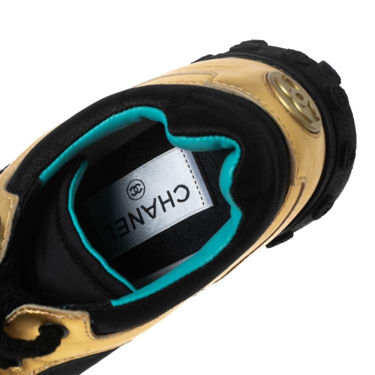 Pre Owned Chanel Black/Gold Nylon, Leather and Glitter Suede CC Low-Top Sneakers Size 37.5